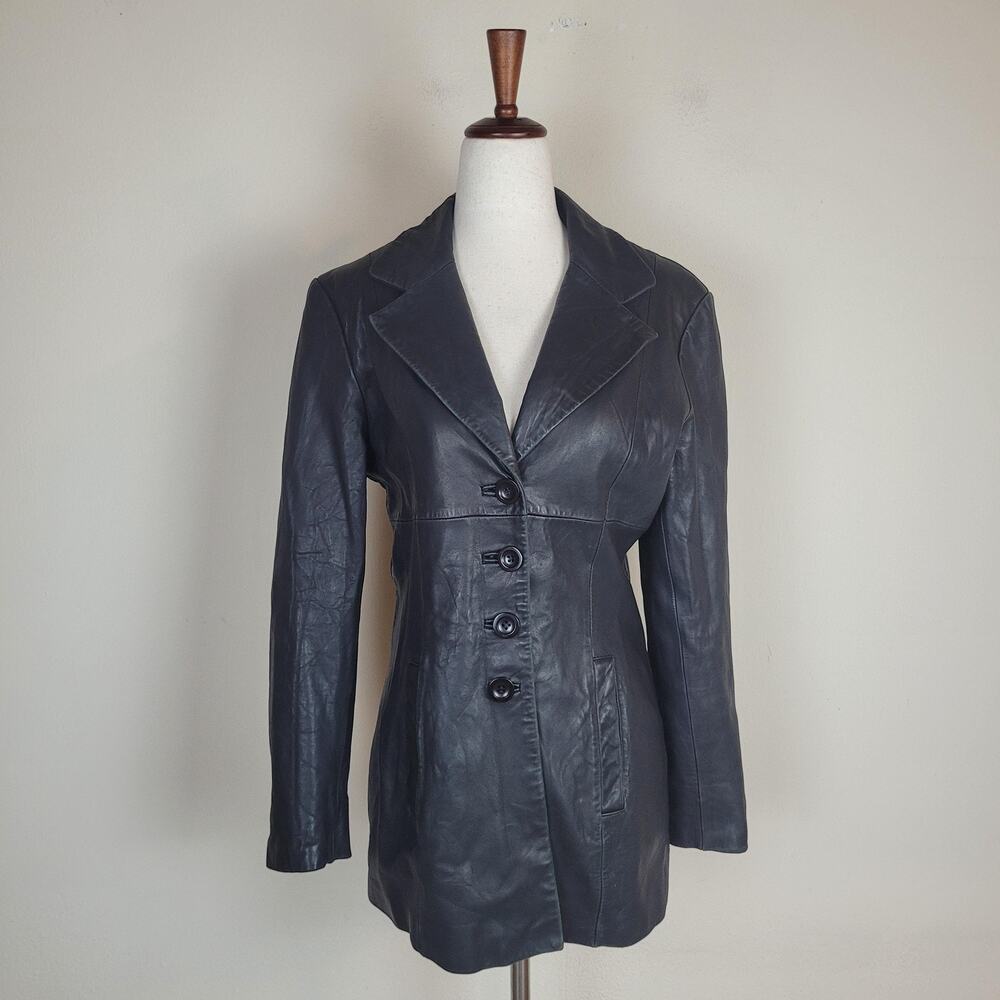 Vintage Bebe Leather Jacket Small Black Button Front Long Blazer Classic 90s Y2K